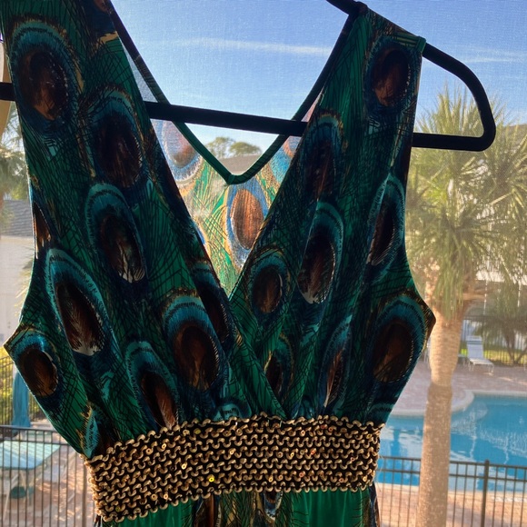 Green Multicolored V Neck Sleeveless Peacock Print Maxi Dress Sz M - Picture 11 of 14
